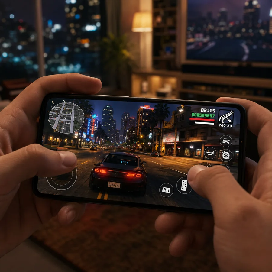GTA rodando no celular, gameplay na mão