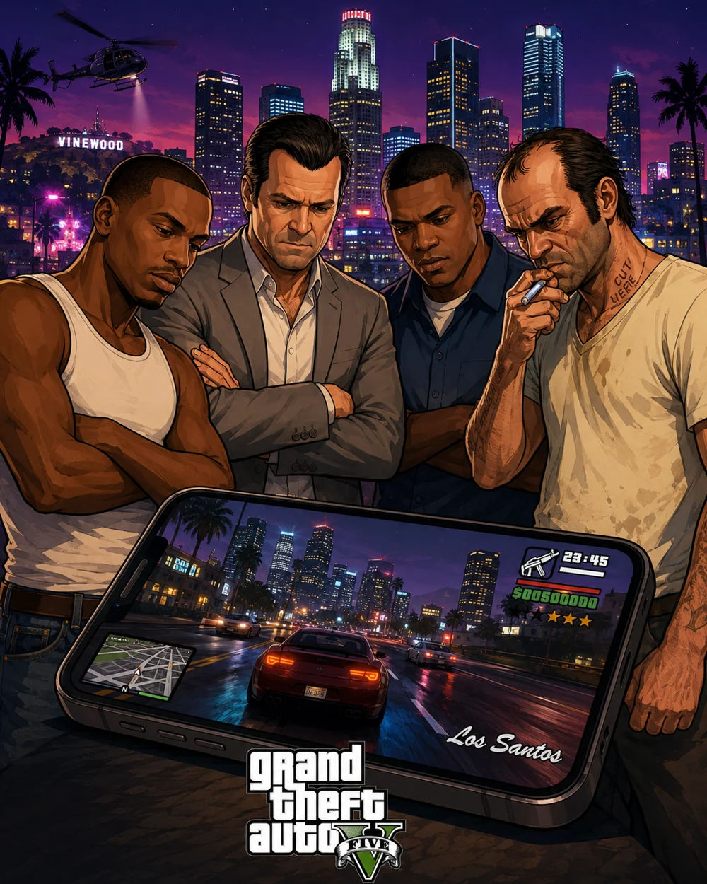 Personagens de GTA jogando no celular